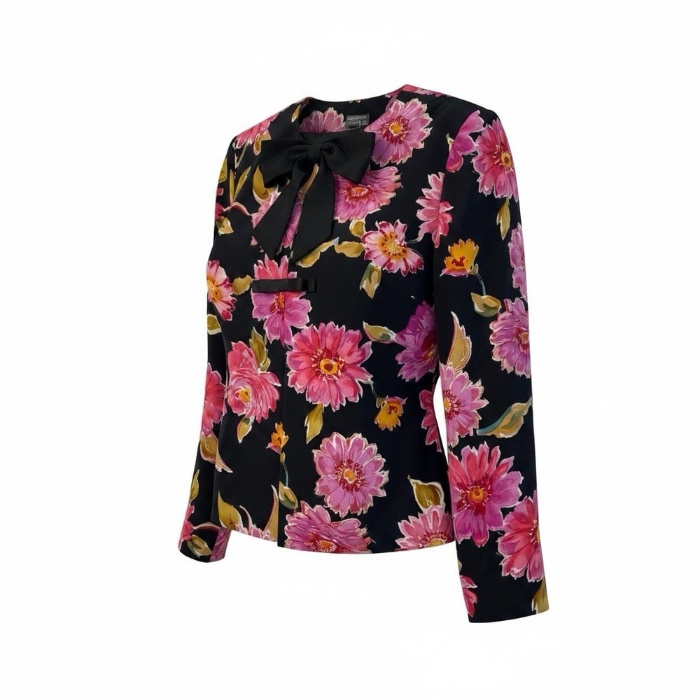 Anthracite Silk Blazer Womens 8 Black Pink Floral Bow Open Front Jacket